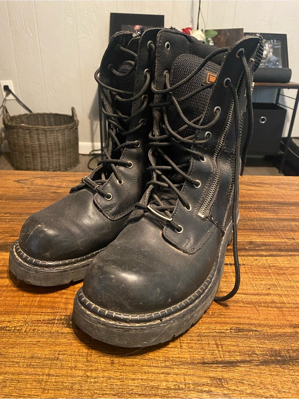 Harley-Davidson Black Leather Lace-Up Zip Combat Boots